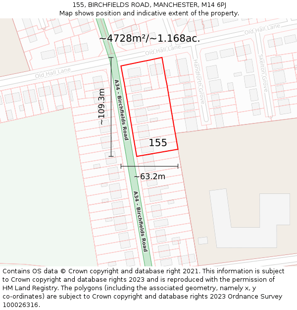 155, BIRCHFIELDS ROAD, MANCHESTER, M14 6PJ: Plot and title map