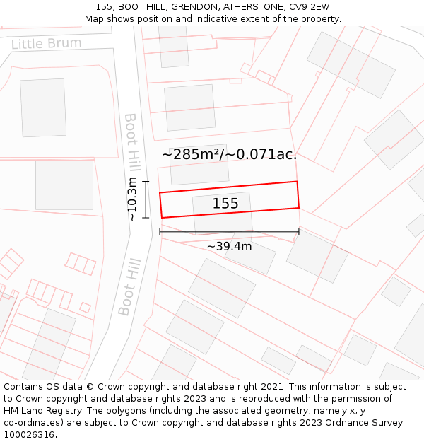 155, BOOT HILL, GRENDON, ATHERSTONE, CV9 2EW: Plot and title map