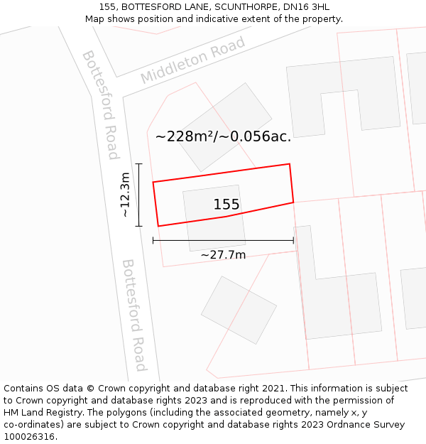 155, BOTTESFORD LANE, SCUNTHORPE, DN16 3HL: Plot and title map