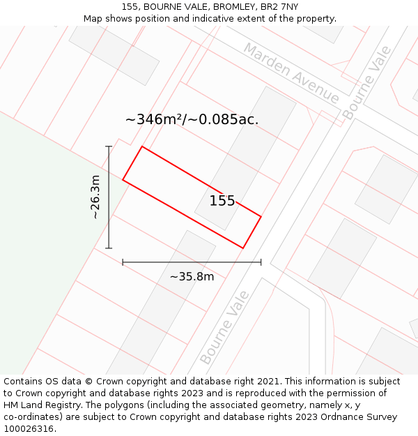 155, BOURNE VALE, BROMLEY, BR2 7NY: Plot and title map