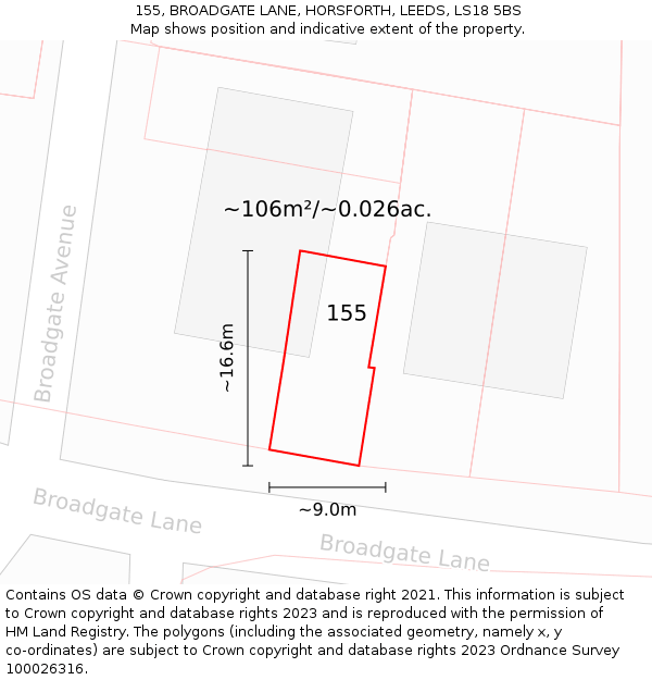 155, BROADGATE LANE, HORSFORTH, LEEDS, LS18 5BS: Plot and title map