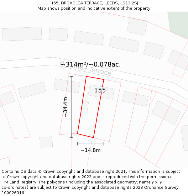 155, BROADLEA TERRACE, LEEDS, LS13 2SJ: Plot and title map