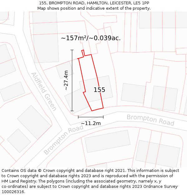 155, BROMPTON ROAD, HAMILTON, LEICESTER, LE5 1PP: Plot and title map