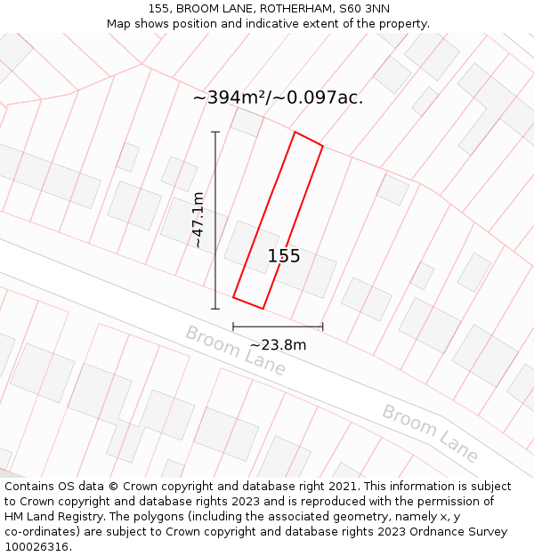 155, BROOM LANE, ROTHERHAM, S60 3NN: Plot and title map