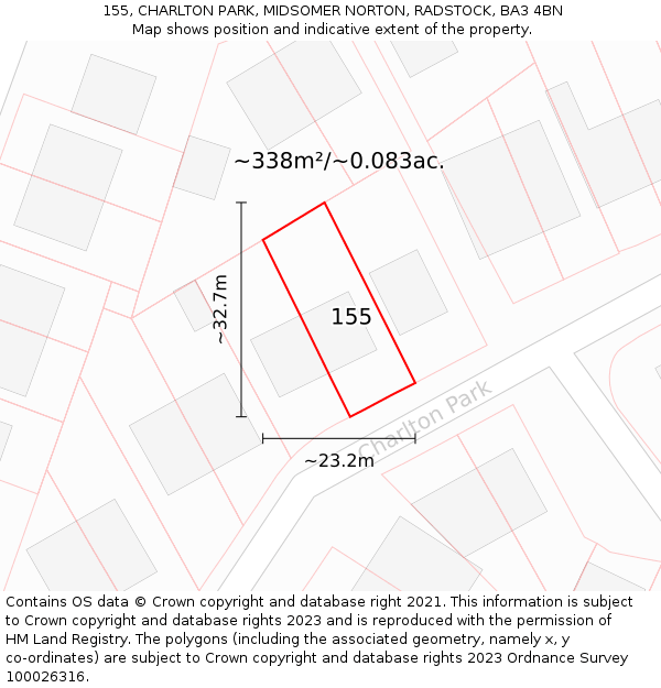 155, CHARLTON PARK, MIDSOMER NORTON, RADSTOCK, BA3 4BN: Plot and title map