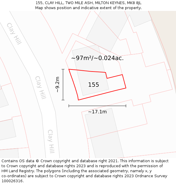 155, CLAY HILL, TWO MILE ASH, MILTON KEYNES, MK8 8JL: Plot and title map