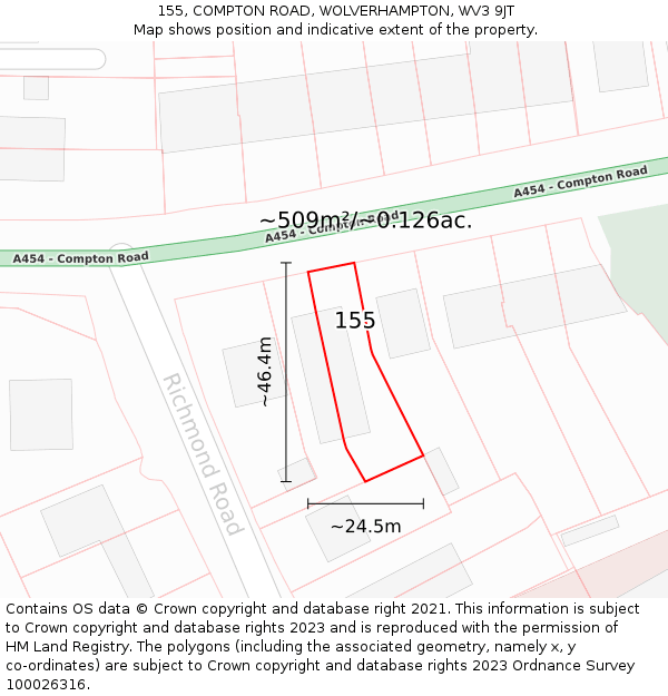155, COMPTON ROAD, WOLVERHAMPTON, WV3 9JT: Plot and title map