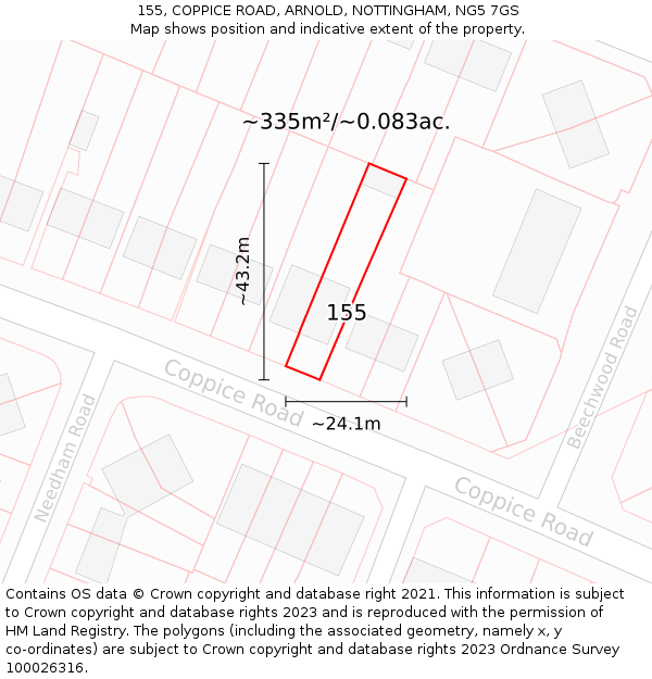 155, COPPICE ROAD, ARNOLD, NOTTINGHAM, NG5 7GS: Plot and title map