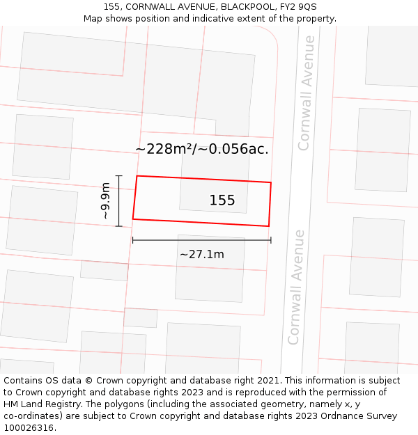 155, CORNWALL AVENUE, BLACKPOOL, FY2 9QS: Plot and title map