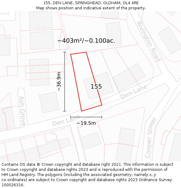 155, DEN LANE, SPRINGHEAD, OLDHAM, OL4 4RE: Plot and title map