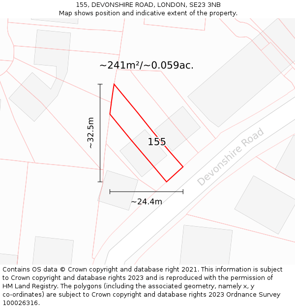 155, DEVONSHIRE ROAD, LONDON, SE23 3NB: Plot and title map