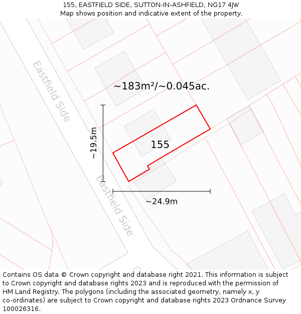 155, EASTFIELD SIDE, SUTTON-IN-ASHFIELD, NG17 4JW: Plot and title map
