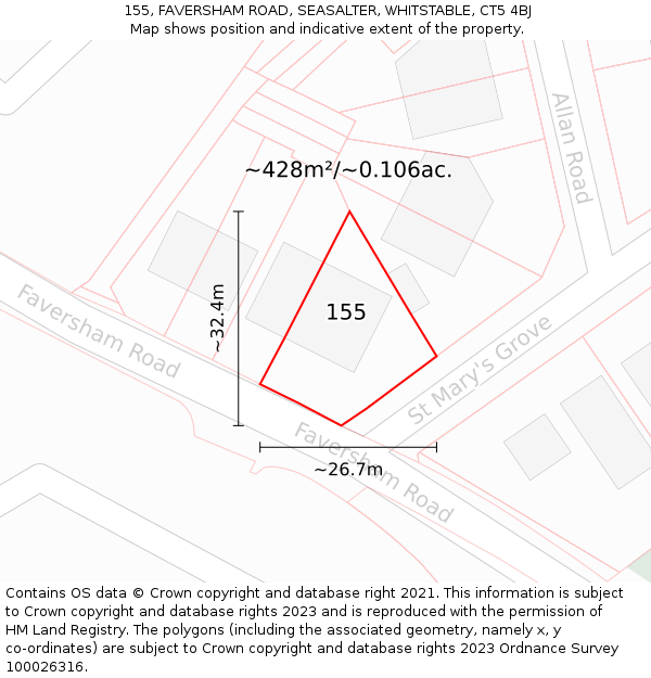155, FAVERSHAM ROAD, SEASALTER, WHITSTABLE, CT5 4BJ: Plot and title map