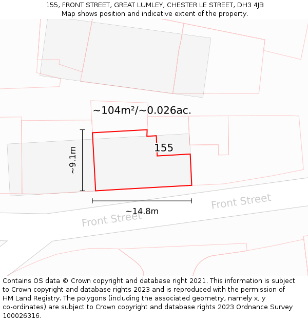 155, FRONT STREET, GREAT LUMLEY, CHESTER LE STREET, DH3 4JB: Plot and title map