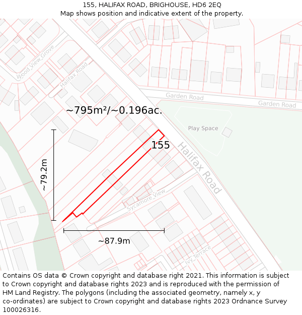 155, HALIFAX ROAD, BRIGHOUSE, HD6 2EQ: Plot and title map