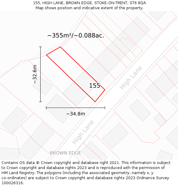 155, HIGH LANE, BROWN EDGE, STOKE-ON-TRENT, ST6 8QA: Plot and title map