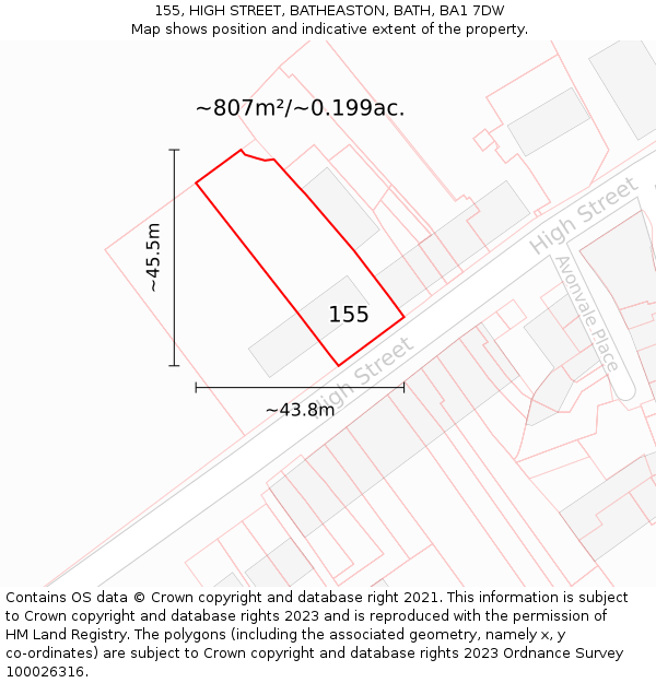 155, HIGH STREET, BATHEASTON, BATH, BA1 7DW: Plot and title map