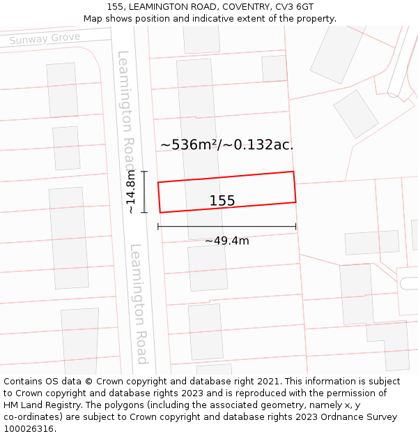 155, LEAMINGTON ROAD, COVENTRY, CV3 6GT: Plot and title map