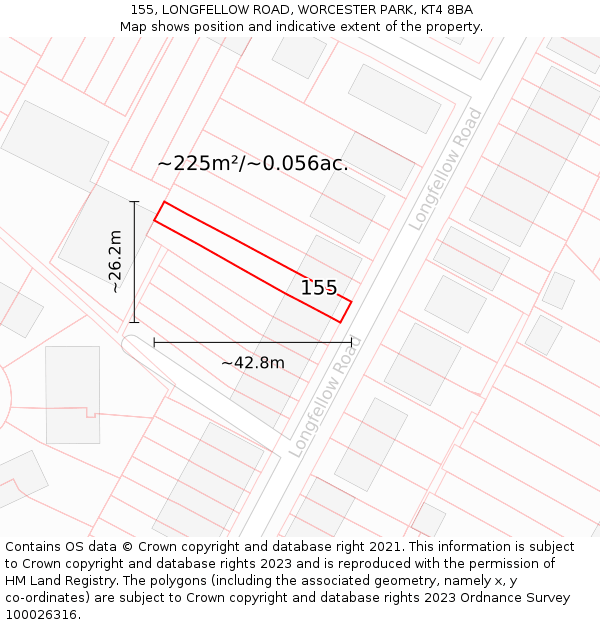 155, LONGFELLOW ROAD, WORCESTER PARK, KT4 8BA: Plot and title map