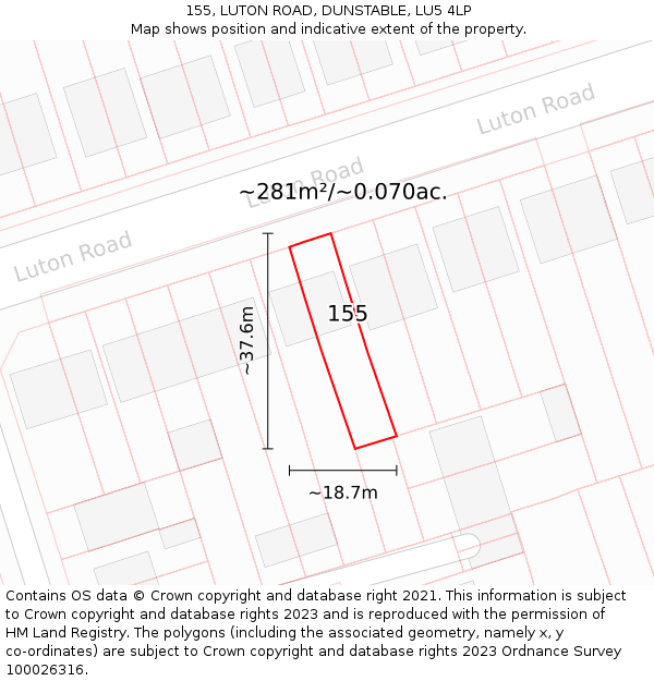 155, LUTON ROAD, DUNSTABLE, LU5 4LP: Plot and title map