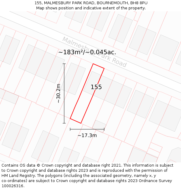 155, MALMESBURY PARK ROAD, BOURNEMOUTH, BH8 8PU: Plot and title map