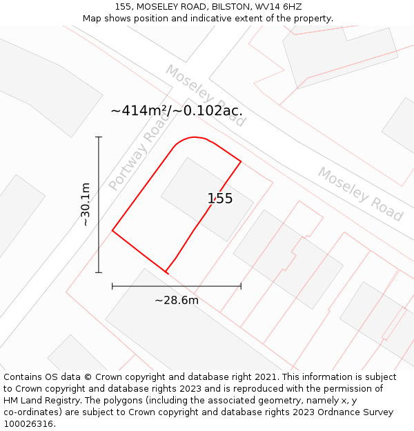 155, MOSELEY ROAD, BILSTON, WV14 6HZ: Plot and title map