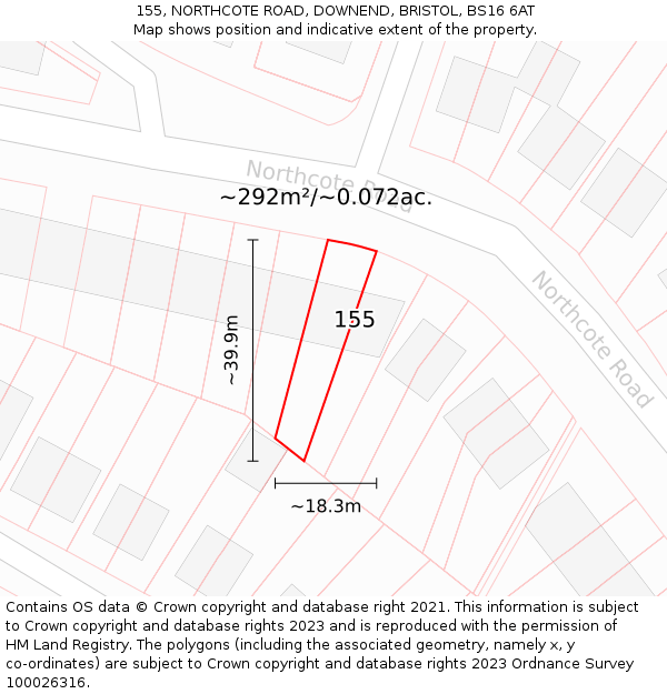 155, NORTHCOTE ROAD, DOWNEND, BRISTOL, BS16 6AT: Plot and title map