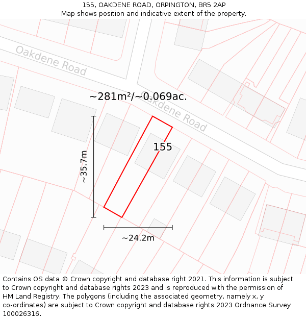 155, OAKDENE ROAD, ORPINGTON, BR5 2AP: Plot and title map