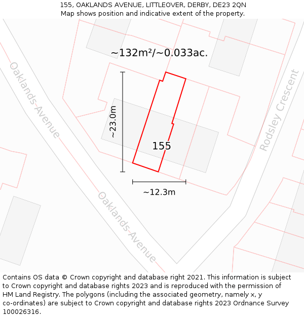 155, OAKLANDS AVENUE, LITTLEOVER, DERBY, DE23 2QN: Plot and title map