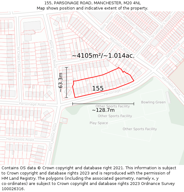 155, PARSONAGE ROAD, MANCHESTER, M20 4NL: Plot and title map