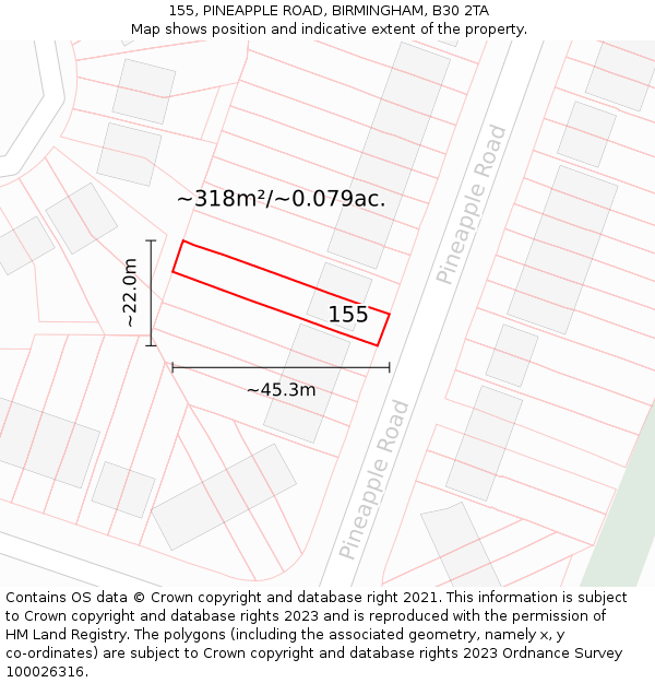 155, PINEAPPLE ROAD, BIRMINGHAM, B30 2TA: Plot and title map