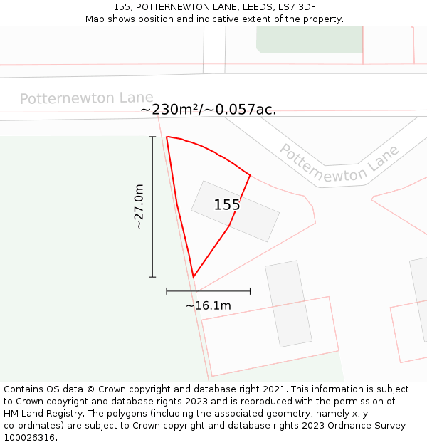 155, POTTERNEWTON LANE, LEEDS, LS7 3DF: Plot and title map