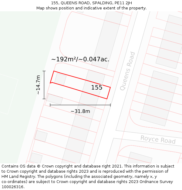 155, QUEENS ROAD, SPALDING, PE11 2JH: Plot and title map