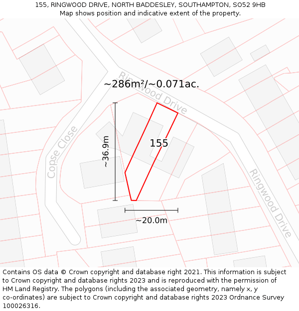 155, RINGWOOD DRIVE, NORTH BADDESLEY, SOUTHAMPTON, SO52 9HB: Plot and title map