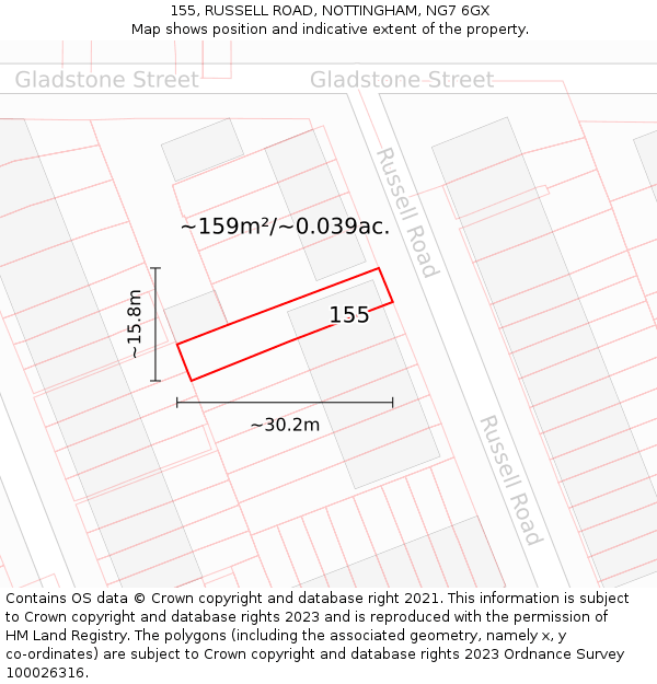 155, RUSSELL ROAD, NOTTINGHAM, NG7 6GX: Plot and title map