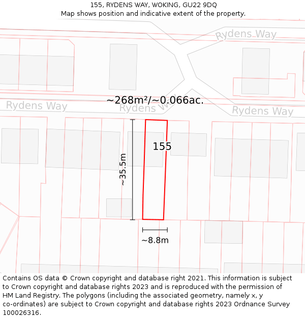 155, RYDENS WAY, WOKING, GU22 9DQ: Plot and title map