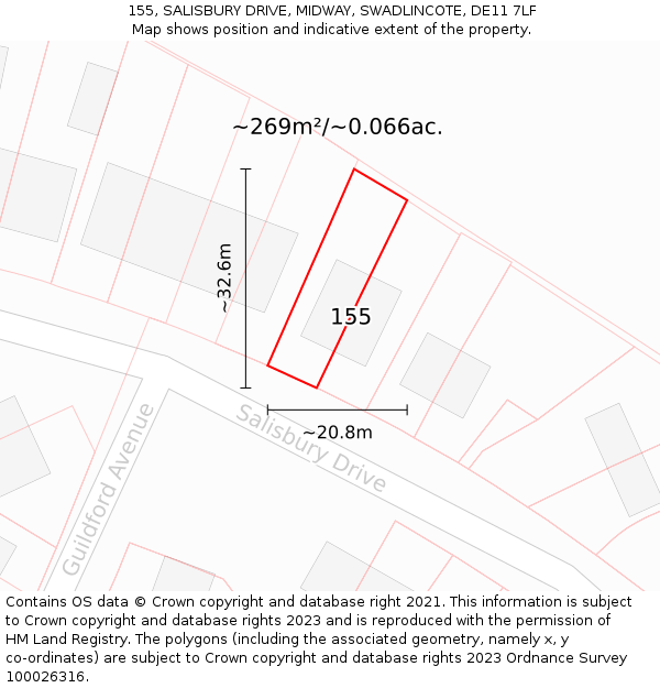 155, SALISBURY DRIVE, MIDWAY, SWADLINCOTE, DE11 7LF: Plot and title map