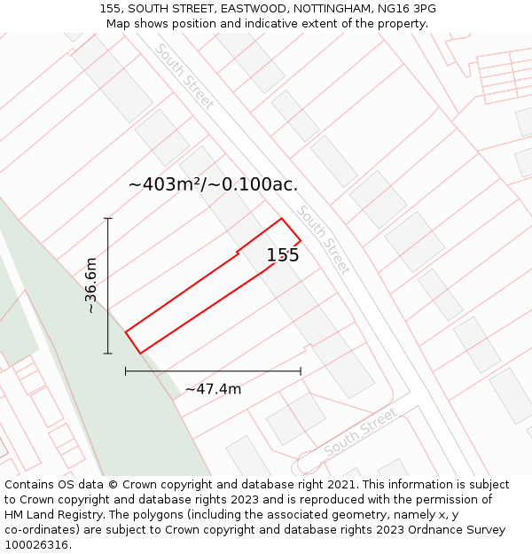 155, SOUTH STREET, EASTWOOD, NOTTINGHAM, NG16 3PG: Plot and title map