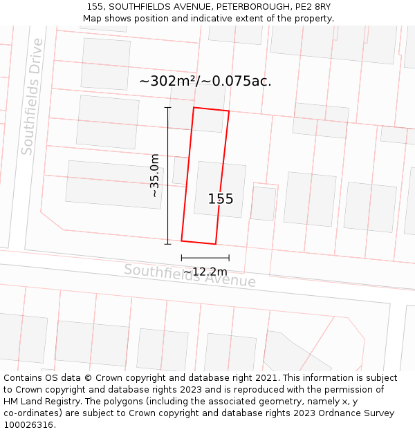 155, SOUTHFIELDS AVENUE, PETERBOROUGH, PE2 8RY: Plot and title map