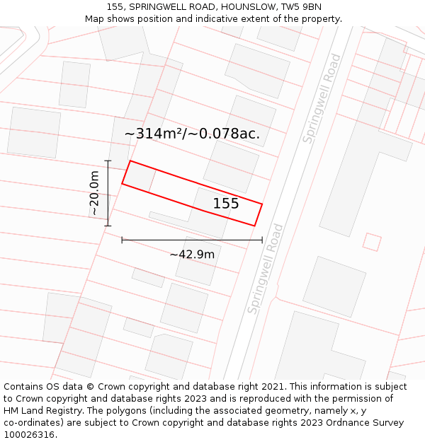 155, SPRINGWELL ROAD, HOUNSLOW, TW5 9BN: Plot and title map