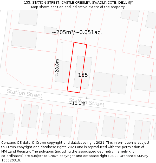 155, STATION STREET, CASTLE GRESLEY, SWADLINCOTE, DE11 9JY: Plot and title map