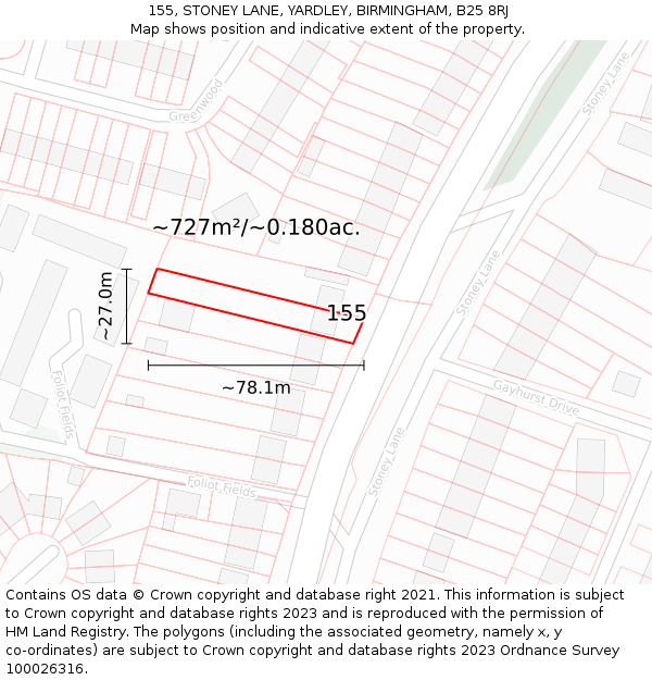 155, STONEY LANE, YARDLEY, BIRMINGHAM, B25 8RJ: Plot and title map