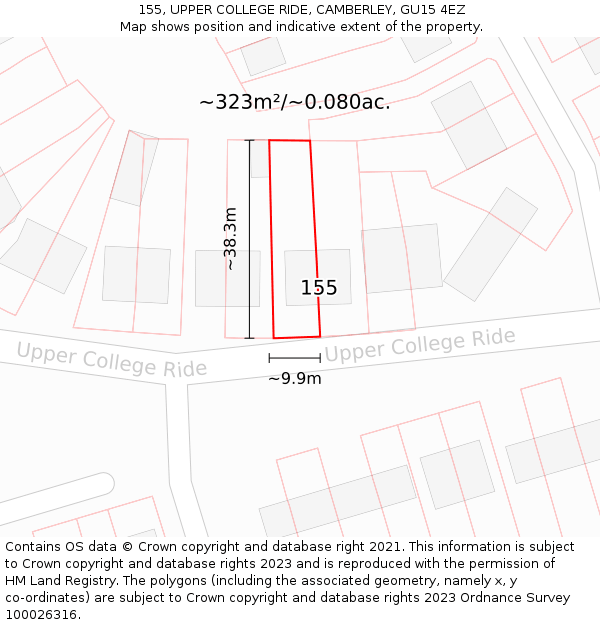 155, UPPER COLLEGE RIDE, CAMBERLEY, GU15 4EZ: Plot and title map