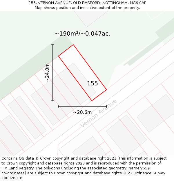 155, VERNON AVENUE, OLD BASFORD, NOTTINGHAM, NG6 0AP: Plot and title map