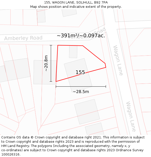 155, WAGON LANE, SOLIHULL, B92 7PA: Plot and title map