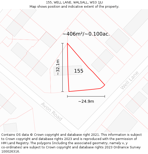 155, WELL LANE, WALSALL, WS3 1JU: Plot and title map
