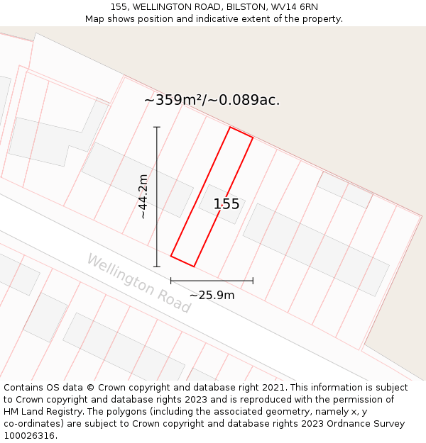 155, WELLINGTON ROAD, BILSTON, WV14 6RN: Plot and title map