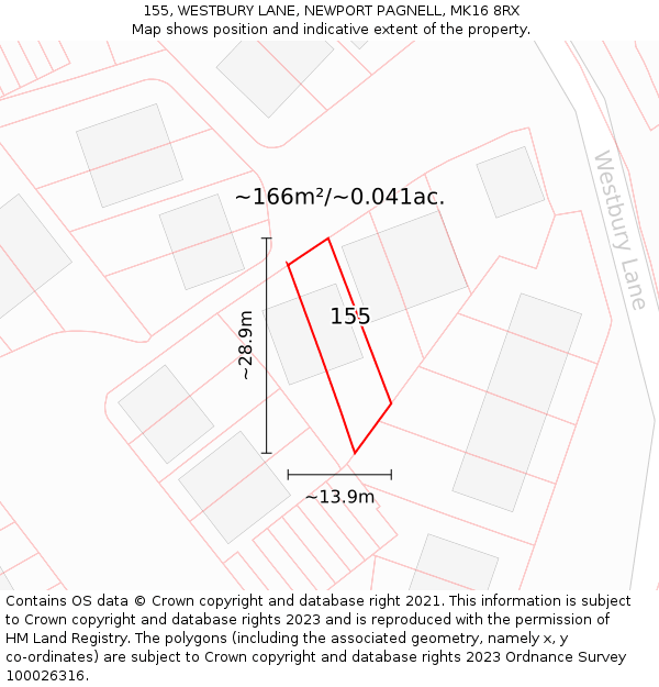 155, WESTBURY LANE, NEWPORT PAGNELL, MK16 8RX: Plot and title map
