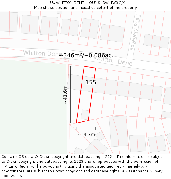 155, WHITTON DENE, HOUNSLOW, TW3 2JX: Plot and title map