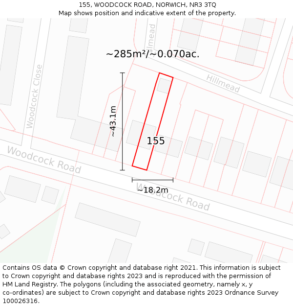 155, WOODCOCK ROAD, NORWICH, NR3 3TQ: Plot and title map